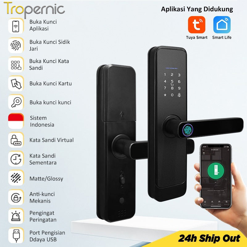 Tuya Kunci Pintu 5 In 1 Smart Door Lock with Doorbell Indonesia Kunci Pintu Sidik Jari Password Kunci Pintu Kamar with Electronic Anti-Lock
