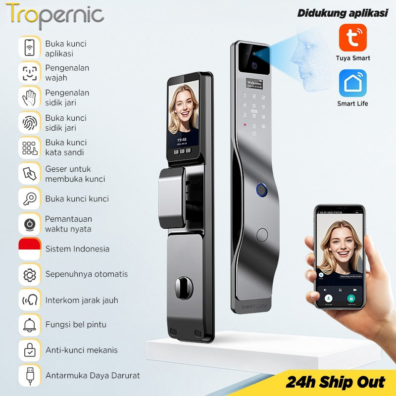 Indonesia Tuya Fully Automatic Smart Door Lock 7 In 1 Kunci Pintu Rumah with HD Camera Palmprint Face Unlock Interkom Dua Arah Kunci Pintu