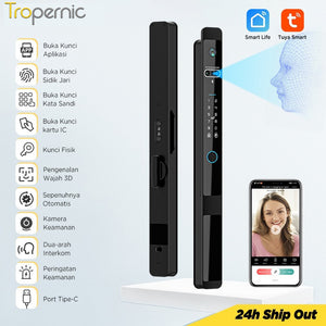 Kunci Pintu Digital Tuya Smart Door Lock 6 In 1 Face Recognition Full Otomatis Camera Intercom Live Video via APP Pintu Sliding Geser Besi Aluminium Slim Lock