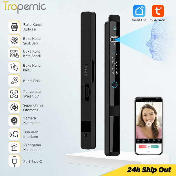 Kunci Pintu Digital Tuya Smart Door Lock 6 In 1 Face Recognition Full Otomatis Camera Intercom Live Video via APP Pintu Sliding Geser Besi Aluminium Slim Lock