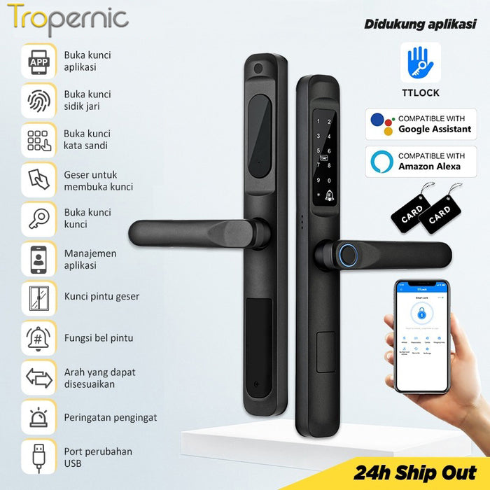 TTLOCK Smart Door Lock Fingerprint Kunci Pintu Sliding Slim Kunci Pintu Rumah Waterproof Kunci Pintu Kamar Zinc Alloy Door Lock for Sliding Door