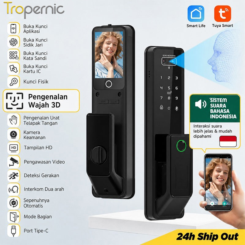 7 In 1 Tuya Smart Door Lock Suara Bahasa Indonesia Pengenalan Wajah Fingerprint Fully Automatic Kunci Pintu Rumah Kamera Intercom Video Live Untuk Pintu Kayu