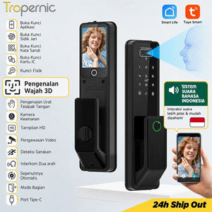 7 In 1 Tuya Smart Door Lock Suara Bahasa Indonesia Pengenalan Wajah Fingerprint Fully Automatic Kunci Pintu Rumah Kamera Intercom Video Live Untuk Pintu Kayu