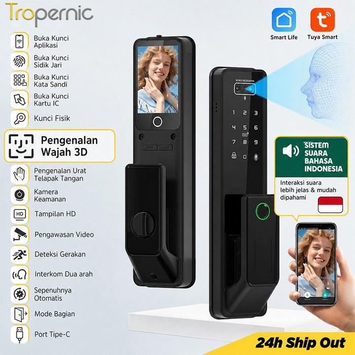 7 In 1 Tuya Smart Door Lock Suara Bahasa Indonesia Pengenalan Wajah Fingerprint Fully Automatic Kunci Pintu Rumah Kamera Intercom Video Live Untuk Pintu Kayu