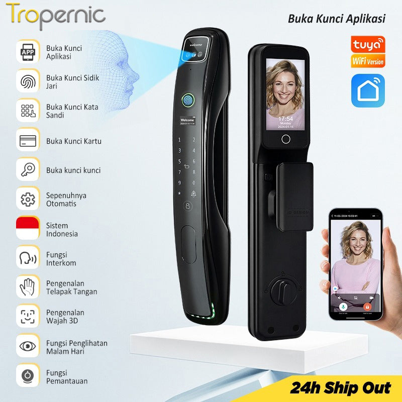 Tuya Smart Door Lock 7 In 1 Kunci Pintu with Camera Pengawasan Video 3D Facial Recognition Palm Print Unlocking Fully Automatic Kunci Pintu Rumah with APP Remote Unlock Two Way Intercom