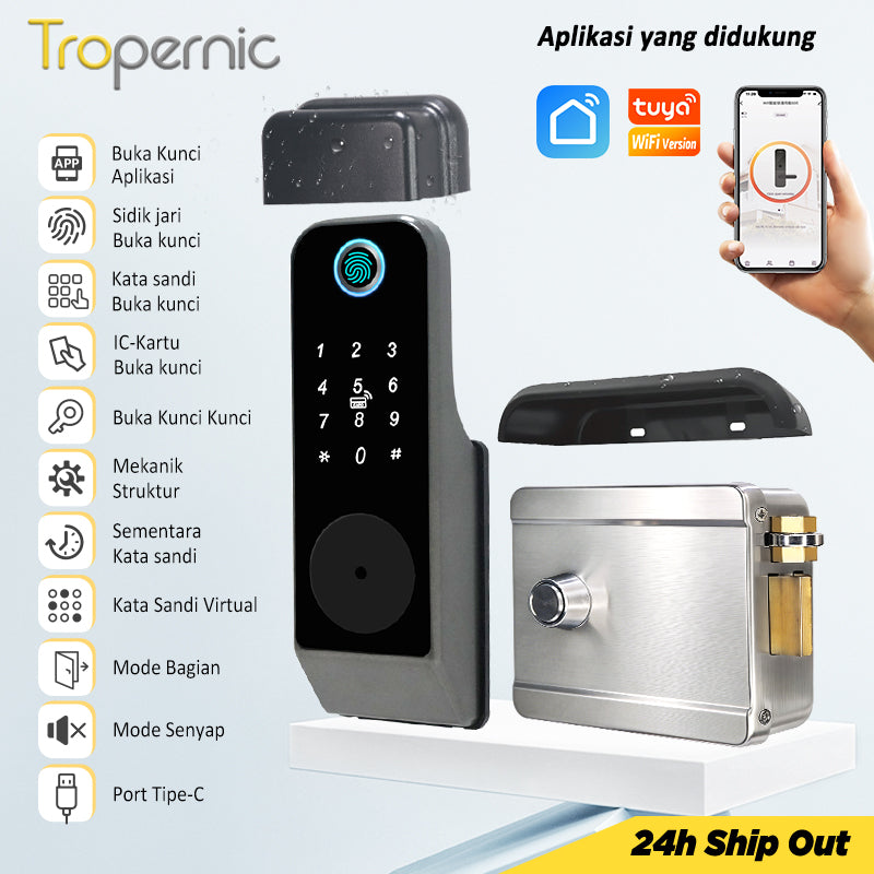 Tuya Smart Door Lock Dengan Penutup Tahan Air Buka Kunci Aplikasi Fingerprint Waterproof Kunci Pintu Rumah Pintu Besi Kayu Rim Lock Anti Maling Struktur Mekanis