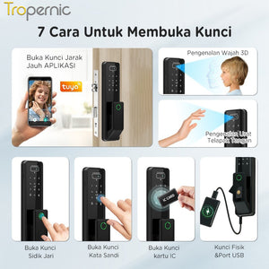 7 In 1 Tuya Smart Door Lock Suara Bahasa Indonesia Pengenalan Wajah Fingerprint Fully Automatic Kunci Pintu Rumah Kamera Intercom Video Live Untuk Pintu Kayu