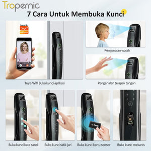 Tuya Smart Door Lock 7 In 1 Kunci Pintu with Camera Pengawasan Video 3D Facial Recognition Palm Print Unlocking Fully Automatic Kunci Pintu Rumah with APP Remote Unlock Two Way Intercom