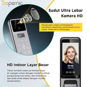 Indonesia Tuya Fully Automatic Smart Door Lock 7 In 1 Kunci Pintu Rumah with HD Camera Palmprint Face Unlock Interkom Dua Arah Kunci Pintu