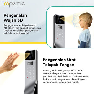 Indonesia Tuya Fully Automatic Smart Door Lock 7 In 1 Kunci Pintu Rumah with HD Camera Palmprint Face Unlock Interkom Dua Arah Kunci Pintu