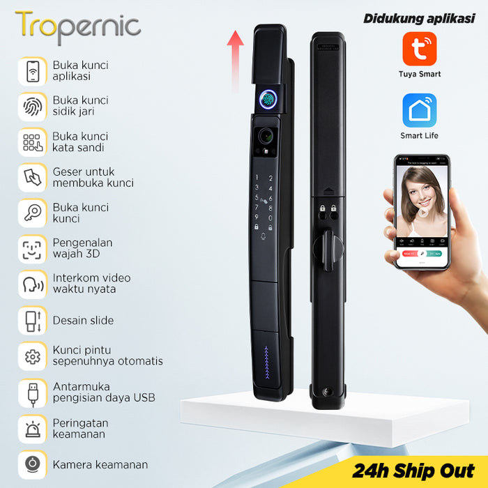 6 In 1 Tuya Smart Door Lock with Security Camera Facial unlocking Kunci Pintu Geser Automatic Kunci Pintu Hidden Fingerprint Design Kunci Pintu Rumah with Intercom Function