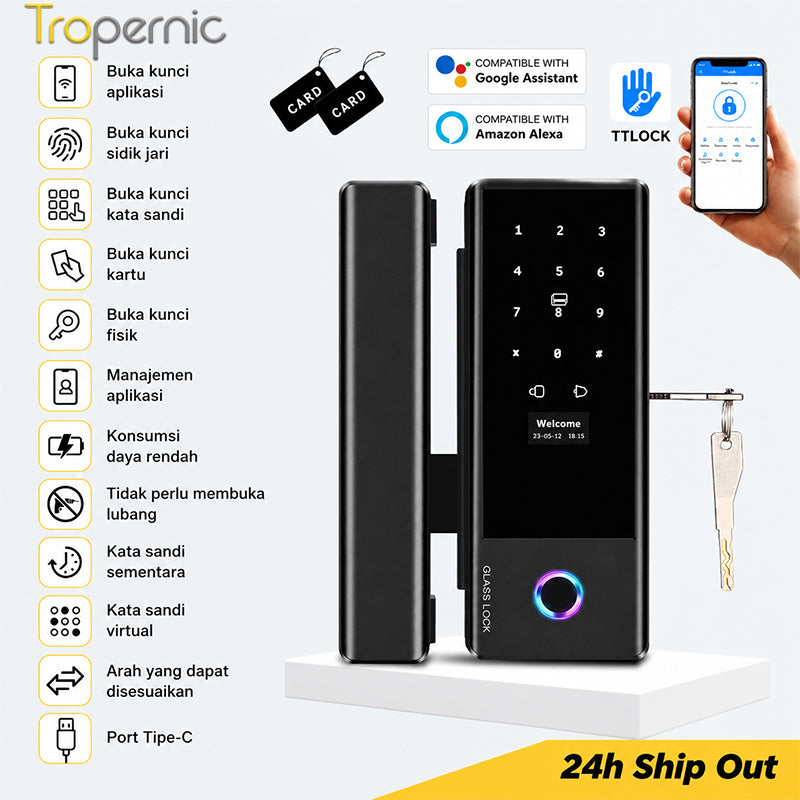 TTLOCK Smart Door Lock for Glass Door Fingerprint Kunci Pintu Sliding Kaca Frameless with Key Smart Glass Lock