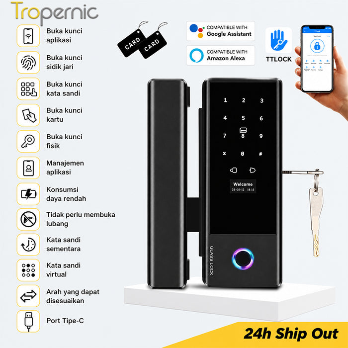 TTLOCK Smart Door Lock for Glass Door Fingerprint Kunci Pintu Sliding Kaca Frameless with Key Smart Glass Lock