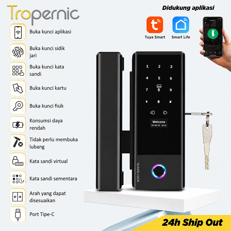 Smart Glass Door Lock Tuya WiFi Kunci Pintu with Doorbell Fingerprint Frameless Kaca Kunci Pintu Smart Door Lock with Key