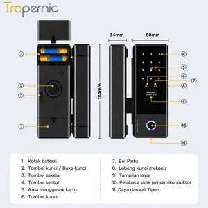 Smart Glass Door Lock Tuya WiFi Kunci Pintu with Doorbell Fingerprint Frameless Kaca Kunci Pintu Smart Door Lock with Key