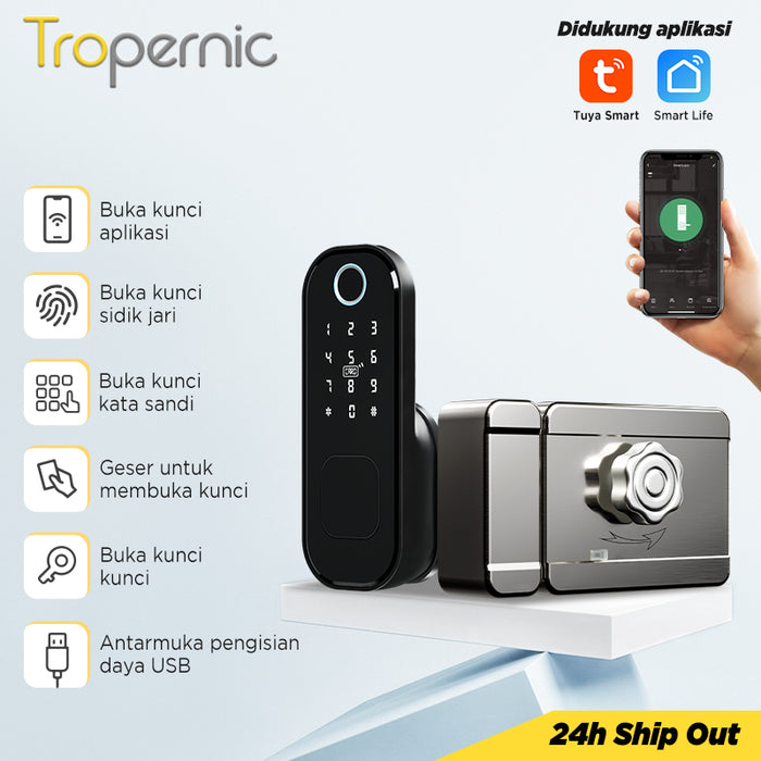 5 In 1 Smart Door Lock Tuya WiFi Knob Type Automatic Door Lock Kunci Pintu Rumah Waterproof Aluminum Alloy Electric Door Lock