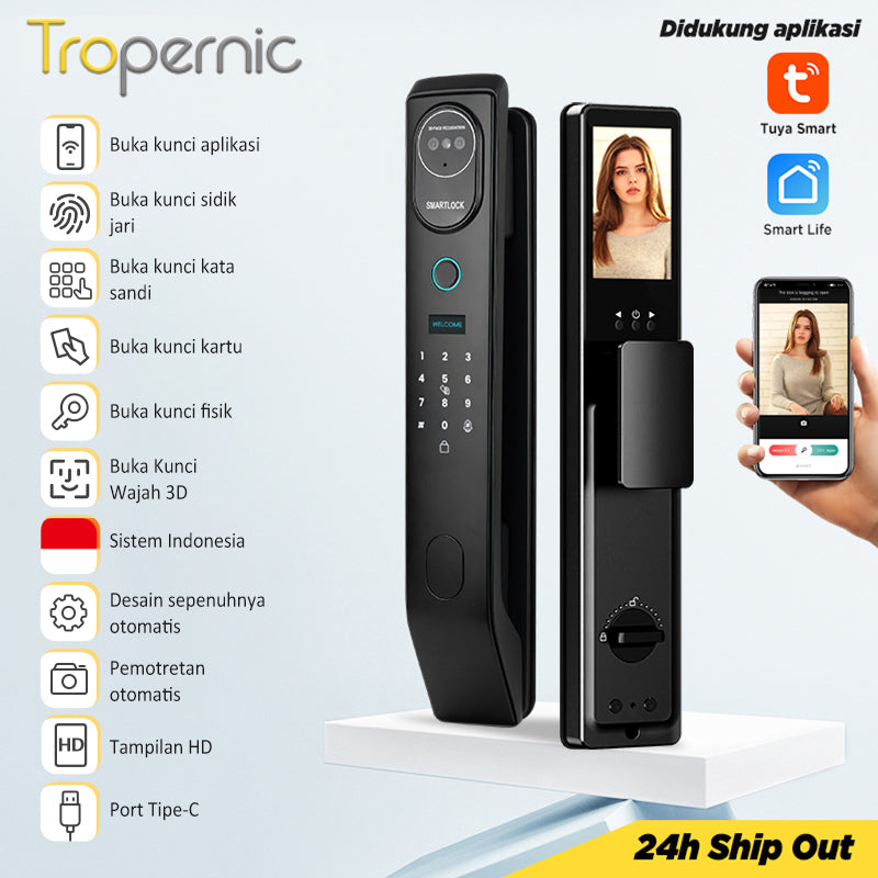 Tuya Fully Automatic Smart Door Lock with Security Camera 3D Face Unlock Indonesia Kunci Pintu Rumah Security Door Kunci Pintu with 6068 Mortise