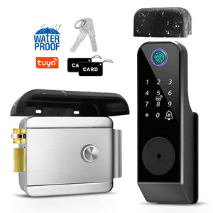 Tuya Smart Door Lock Dengan Penutup Tahan Air Buka Kunci Aplikasi Fingerprint Waterproof Kunci Pintu Rumah Pintu Besi Kayu Rim Lock Anti Maling Struktur Mekanis